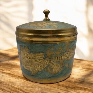 🌿 INDIAN BRASS CLOISONNÉ-STYLE FLORAL LIDDED CANISTER
